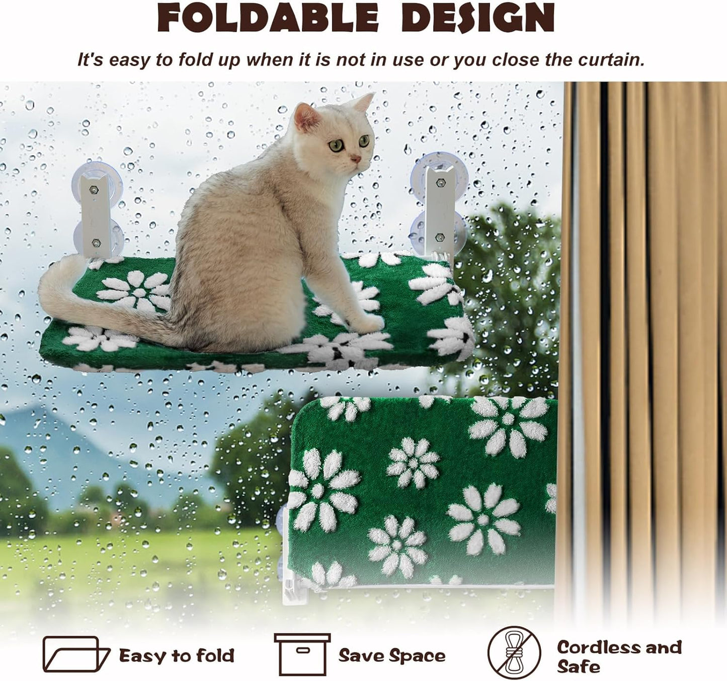 Cat Window Perch, Foldable Cat Window Hammock with Cute 3D Textured Flower Cover and Strong Suction Cups, Cordless Window Seat Bed for Indoor Cats (Green Flower, Large)