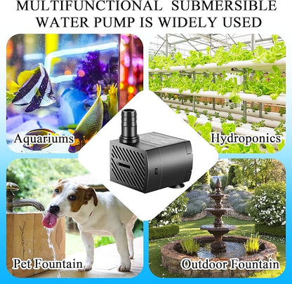 Submersible Pump, Small Fountain Pump with Tubing, Submersible Water Pump for Aquarium Fish Tank Indoor or Outdoor Pond Fountain Hydroponics Statuary (5W 95GPH, With Led Light)
