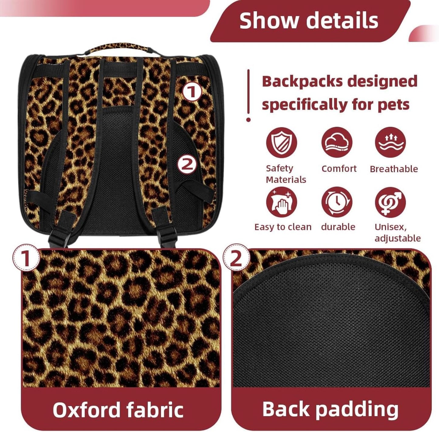 Portable Travel pet Backpack Carrier Hamster Bag Small Dog cat Carrier Breathable Hang Bag, Brown Leopard Print