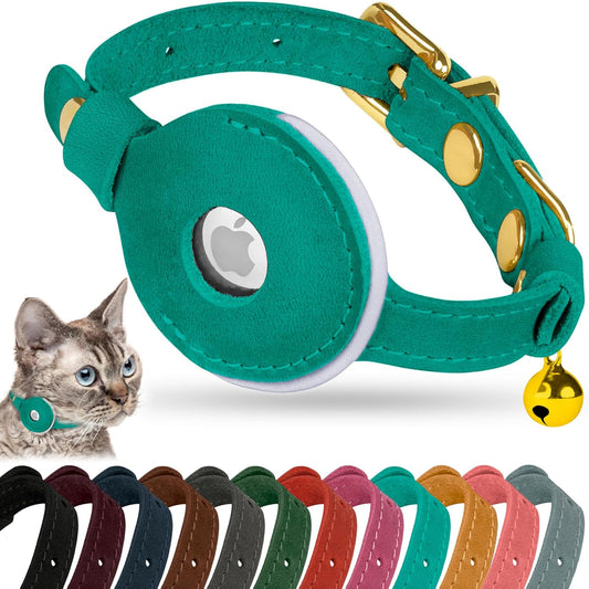 OOPSDOGGY Reflective Leather AirTag Cat Collar with Bell - Non Breakaway Adjustable Pet Collar with Apple Air Tag Holder - Lightweight GPS Kitten Collars for Small Dogs Puppy (Teal)