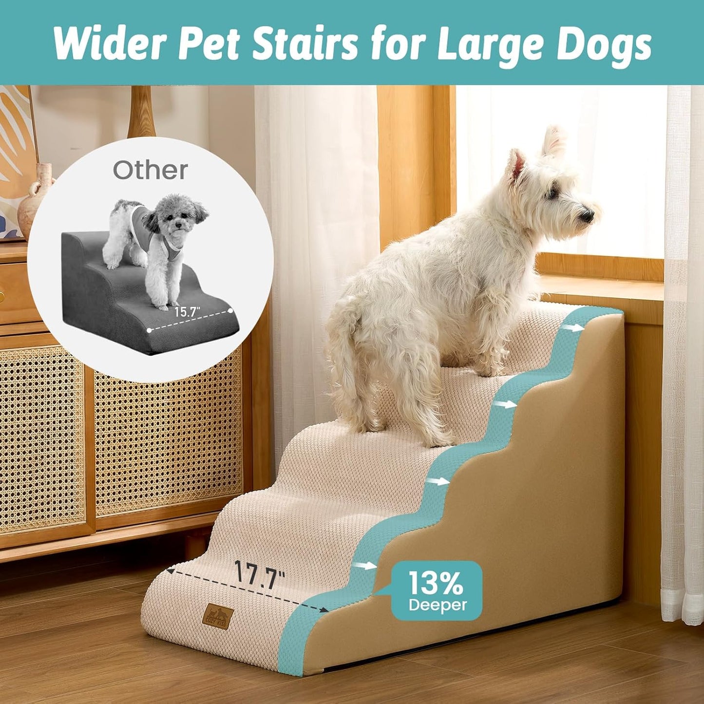 Wide Dog Stairs for Small Dog 22.6" H, Curved Pet Step for Puppy, Older Cat, Curved Ramp for High Bed or Car, Ladder with High Density Foam, Durable, 5 Step, 17.7x33x22.6 inch, Beige