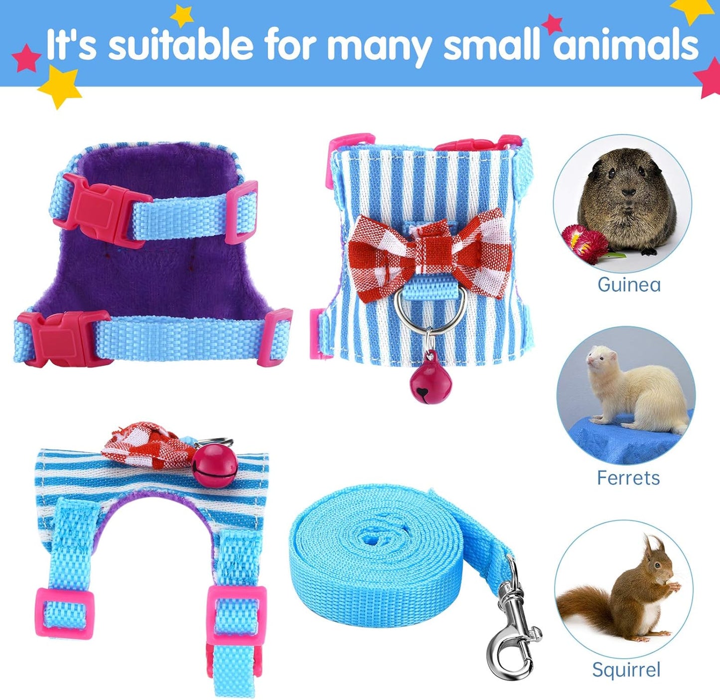2 Pieces Hamster Harness and Leash Set for Walking, Small Guinea Pig Clothes with Bowknot Bell, No Pulling Comfort Padded Vest Striped for Guinea Pig Hamster Ferret, Small Animals (Blue, Black,S)