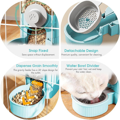 Yummy Sam Hanging Cage Automatic Small Pet Food Bowl Water Bottle Dispenser, Detachable Auto Gravity 1.2L Self-Feeding Feeder and 0.52L Waterer Set Kennel Feeding Station for Puppy Cats(Sky Blue)