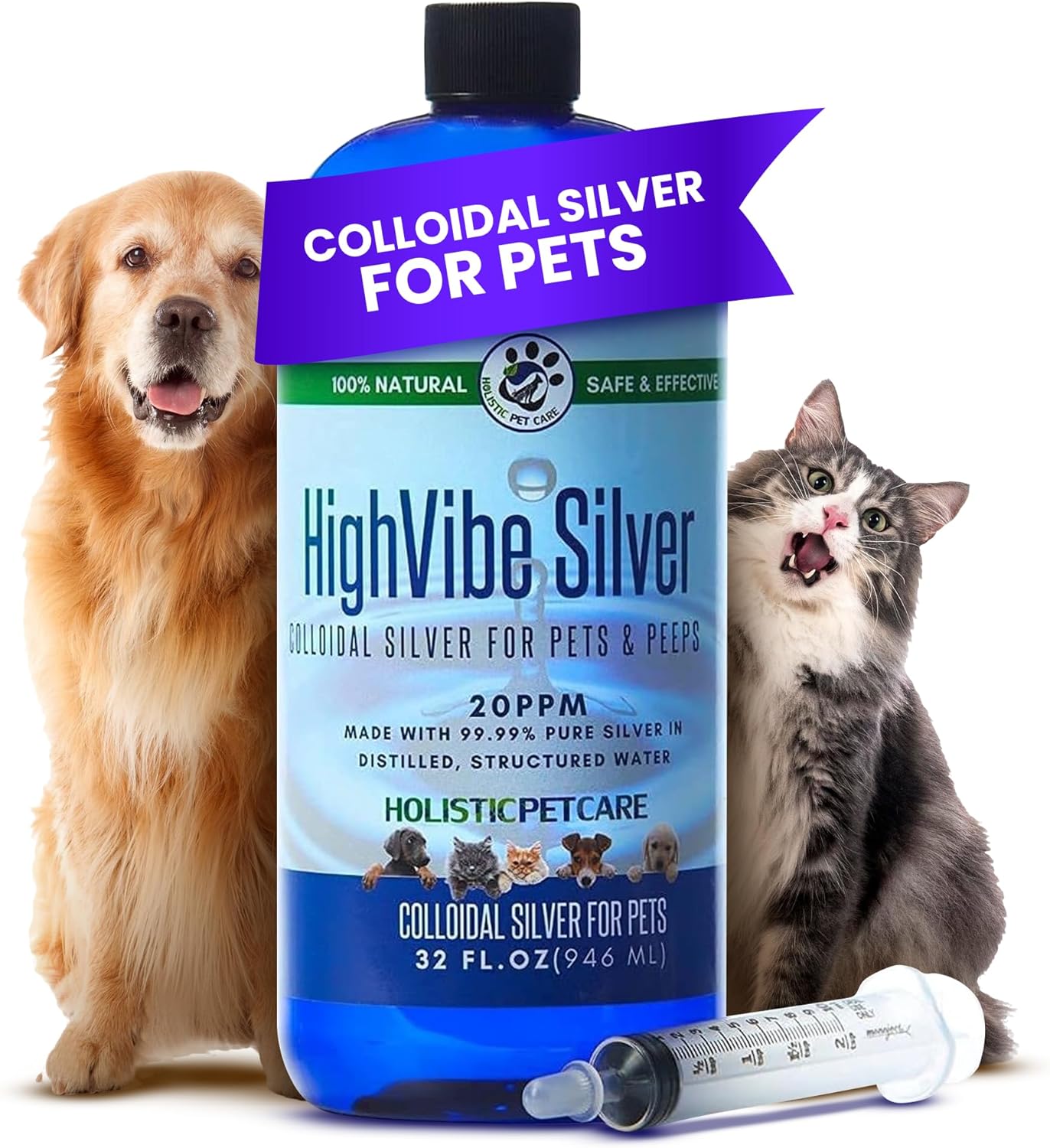 Colloidal Silver for Dogs & Cat Wound Care, Immune Support & Skin Solution - All Pet Health Care for Itch, Sores, Wounds, Hotspots & More with Syringe (32 oz)