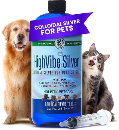 Colloidal Silver for Dogs & Cat Wound Care, Immune Support & Skin Solution - All Pet Health Care for Itch, Sores, Wounds, Hotspots & More with Syringe (32 oz)