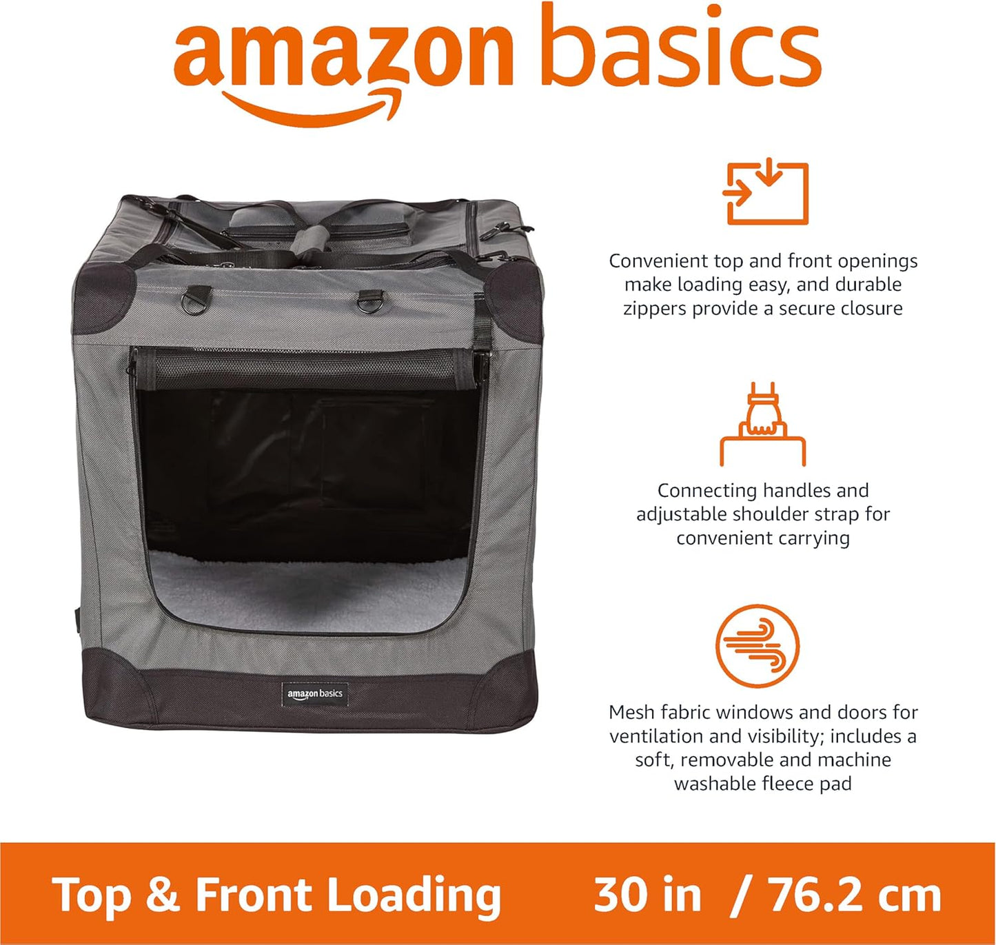 Amazon Basics Folding Portable Soft Pet Dog Crate Carrier Kennel, 30 x 21 x 21 inches, Grey
