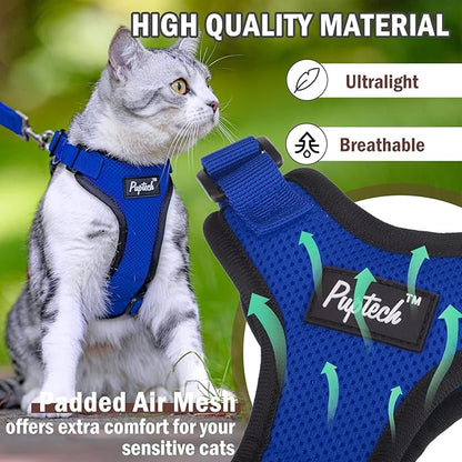 PUPTECK Cat Harness and Leash Set Escape Proof for Walking, Breathable Mash Vest Adjustable Harness for Cats Puppy Small Animals, Reflective at Night, Blue Small