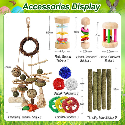 15PCS Rabbit Toys for Bunnies Boredom Enrichment with Chinchilla Hamster Rat Guinea Pig Bunny Toys for Rabbits Indoor Wooden Hanging Bunny Rabbit Chew Toy for Teeth Keep Busy Grass Sticks Treat Balls