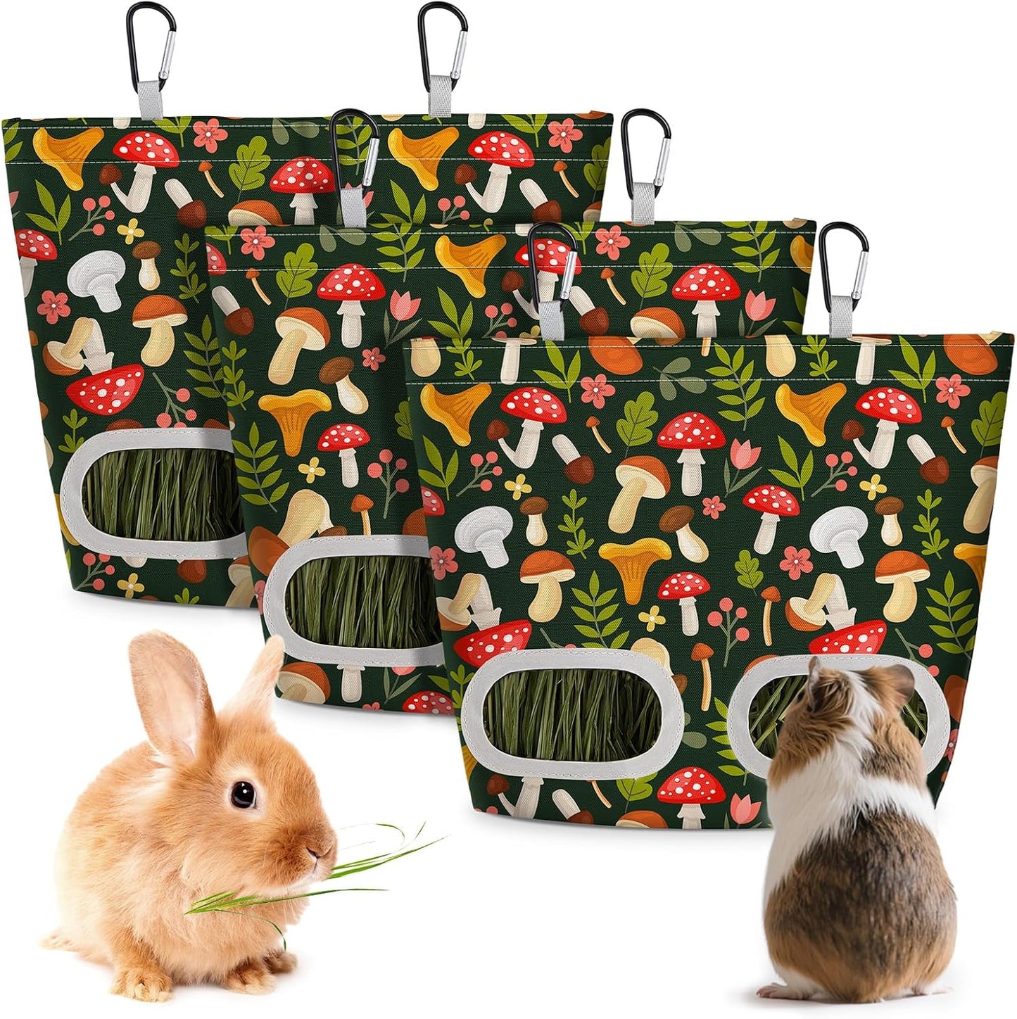Glittme 3 Pack Guinea Pig Hay Feeder, 11.5x9 Inch Hay Bag for Rabbits, Hanging Hay Holder for Guinea Pigs Cage Hay Feeder for Bunny, Small Pets,Green Mushroom