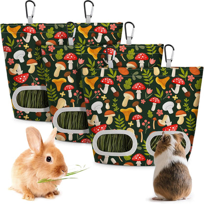 Glittme 3 Pack Guinea Pig Hay Feeder, 11.5x9 Inch Hay Bag for Rabbits, Hanging Hay Holder for Guinea Pigs Cage Hay Feeder for Bunny, Small Pets,Green Mushroom