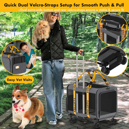 PAWZIDEA Expandable Large Pet Carrier with Wheels, 24x16x16 in Rolling Cat Carrier for 2–4 Cats up 55lb, Soft-Sided Collapsible Small Medium Dog Crate for Car Travel, Telescopic Handle, Storage Pocket