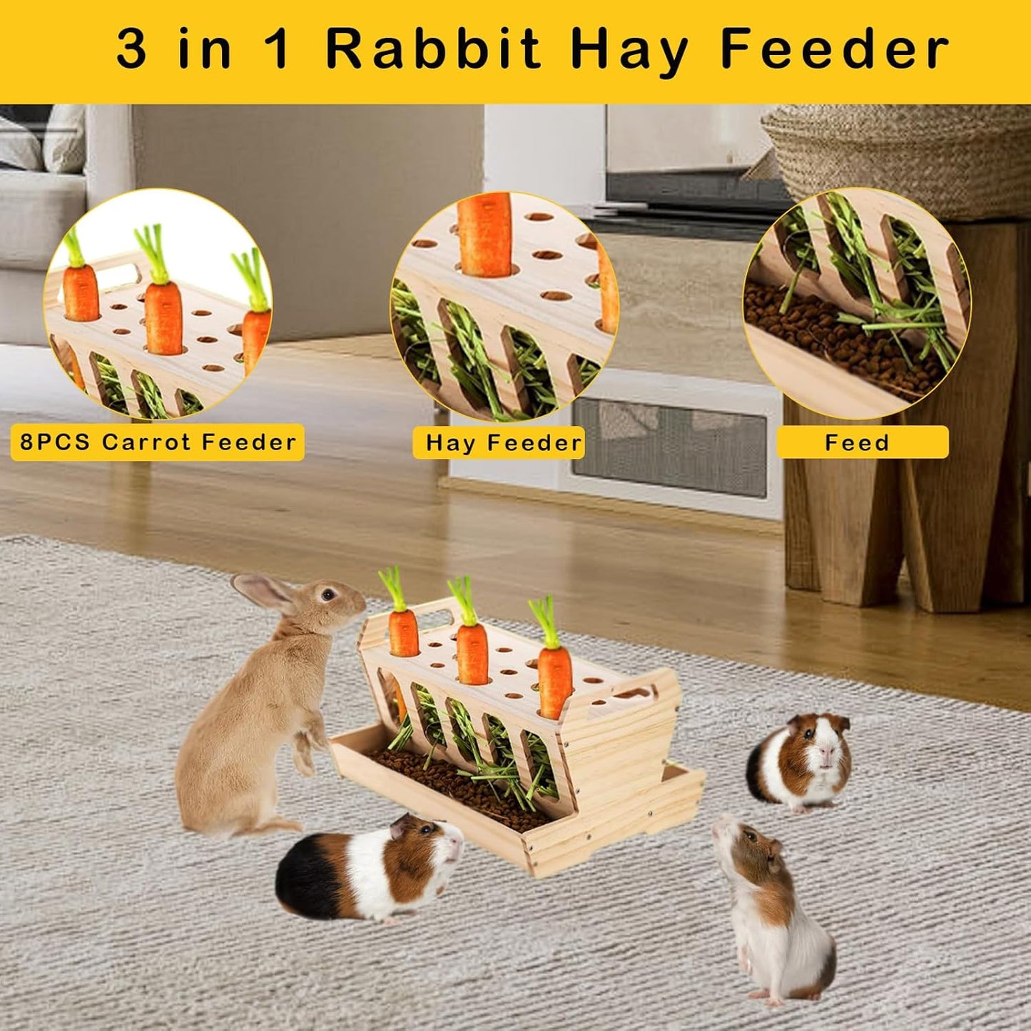 DOUBFIVSY Rabbit Hay Feeder, Large Capacity Wooden Hay Feeder for Rabbits Guinea Pigs Chinchillas, Pet-self Feeding Hay Manager Alfalfa Timothy Dispenser Grass Holder Carrot Feeders for Bunny