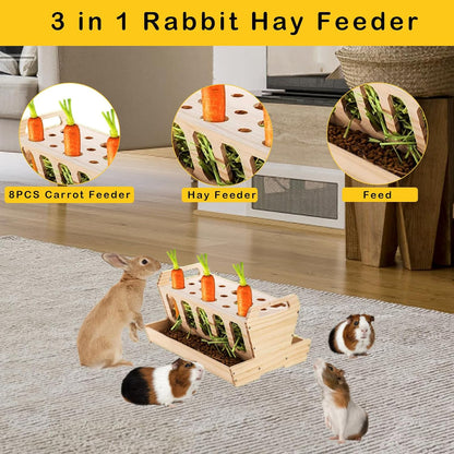 DOUBFIVSY Rabbit Hay Feeder, Large Capacity Wooden Hay Feeder for Rabbits Guinea Pigs Chinchillas, Pet-self Feeding Hay Manager Alfalfa Timothy Dispenser Grass Holder Carrot Feeders for Bunny