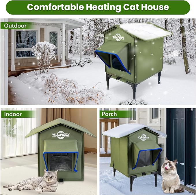 Heated Cat House for Outside Outdoor Cat House with Elevated Base Cat-Attracting Eave Design Feral Stray Shelter Weatherproof in Winter Garage Yard Porch Size S