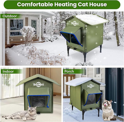 Heated Cat House for Outside Outdoor Cat House with Elevated Base Cat-Attracting Eave Design Feral Stray Shelter Weatherproof in Winter Garage Yard Porch Size S