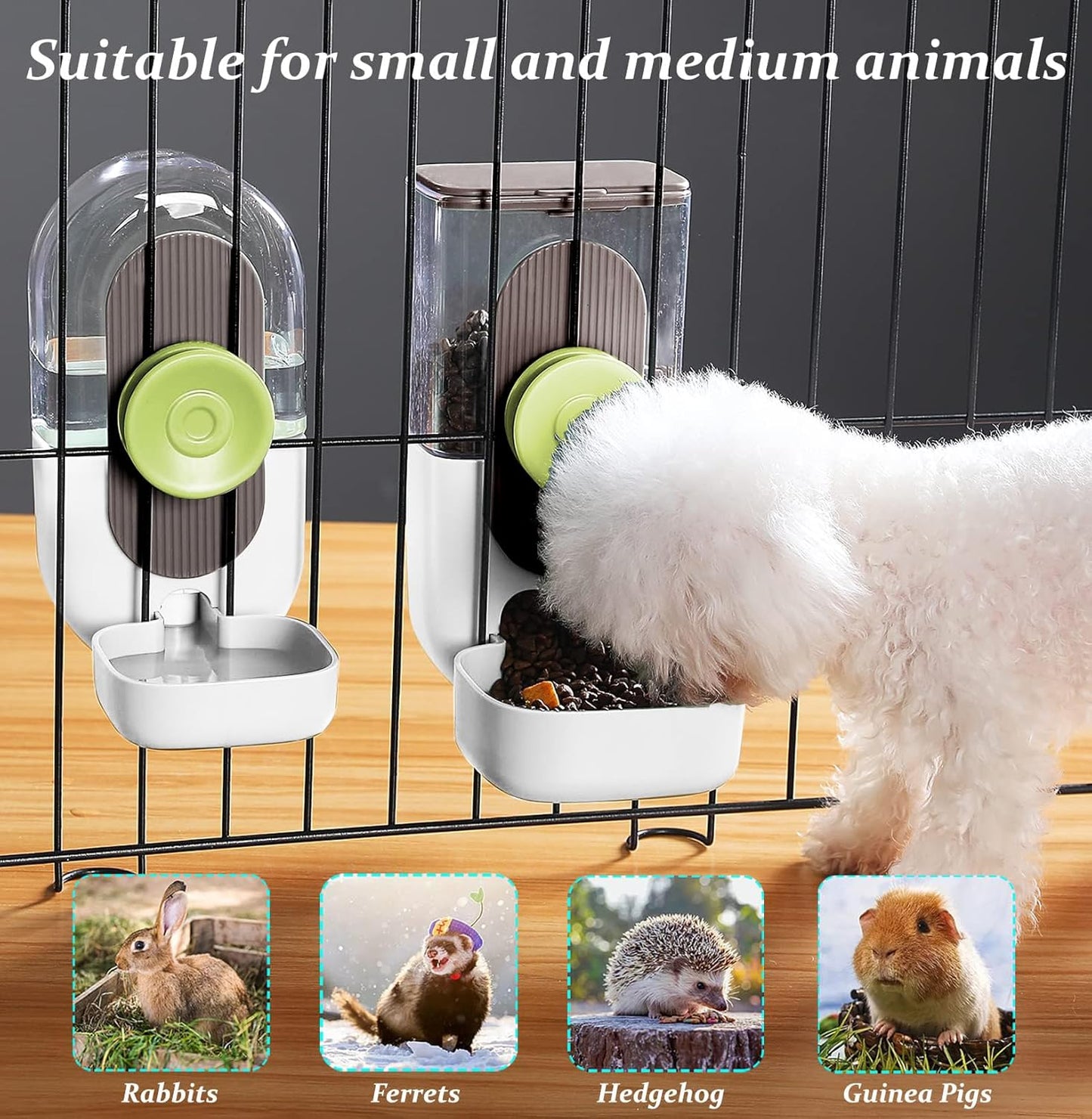 Kenond Hanging Automatic Pet Food Water Dispenser, 35oz Rabbit Feeder Guinea Pig Water Bottle Food Feeder for Ferret Guinea Pig Rabbit(White)