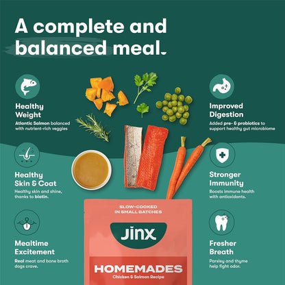 Jinx Wet Dog Food Topper, Mix with Dry Dog Food, Made with Real Salmon & Chicken, Bone Broth, No Fillers, for All Lifestages, 9oz, 1 Pack