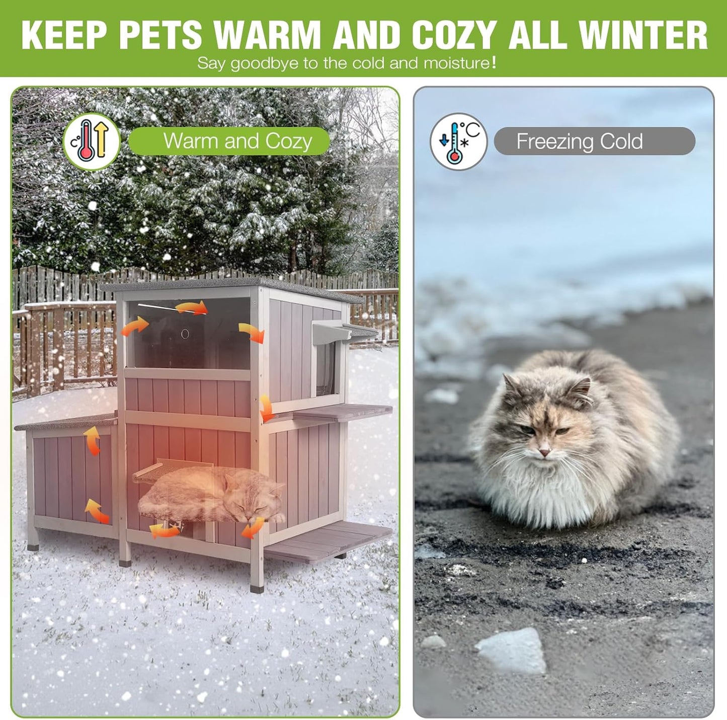 GUTINNEEN Large Insulated Cat House for Outside Indestructible Outdoor Cat House 2-Section Weatherproof Feral Cat Shelter with 3 Escape Doors for 1-5 Feral Barn Cats (Winter-Ready, 43.3"x29.4"x33.4")