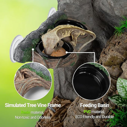 REPTI ZOO Dual Gecko Feeder Ledge, Reptile Hollow Vine Food Feeding for Bearded Dragon Lizard Snake Turtle, Reptile Water Feeding with 4 PCS Bowl, Reptile Dish Terrarium Tank Decor Accessories