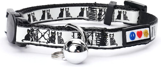 Pawtitas Halloween Cat Collars for Cats Adjustable Collar Glow in The Dark Feature and Safety Breakaway Buckle and Removable Bell to Match Your Halloween Cat's Costume - Black Cat Pattern