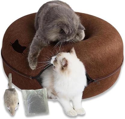 Laluz 2021 Large Cat Tunnel Bed for Indoor Cats Up to 30 Lbs Peekaboo Donut Cave with Catnip and Plush Toys Scratch Resistant Felt Design Detachable and Washable Cat Tunnel (Chocolate)