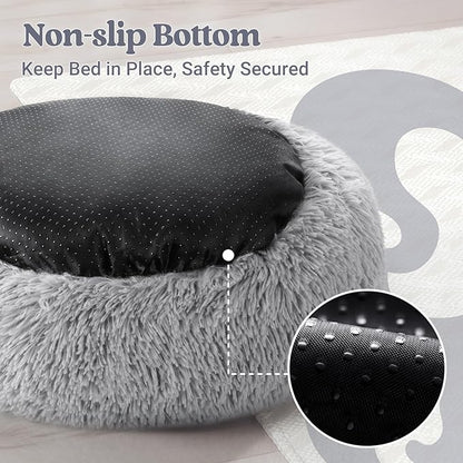 rabbitgoo Calming Dog Bed for Small Medium, 30 inches Pet Bed Machine Washable, Non-Slip Round Fluffy Plush Faux Fur Large Cat Cushion, Soft Donut Cuddler Cushion for Small Dogs, Light Grey