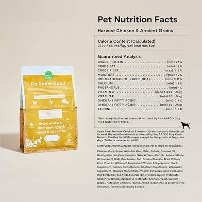 Open Farm, Ancient Grains Dry Dog Food, Protein-Rich & Nutrient Dense, 90% Animal Protein Mixed with Non-GMO Fruits, Veggies and Superfoods, Harvest Chicken Recipe, 22lb Bag