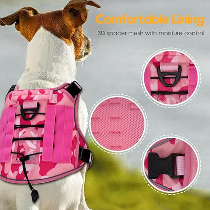 Heavy-Duty Tactical Dog Harness for Large Dogs, No Pull Adjustable Reflective Pet Vest with Molle System, K9 Military-Grade Control for Service Training, Outdoor & 10+ Breeds, Pink Camo, X-Large
