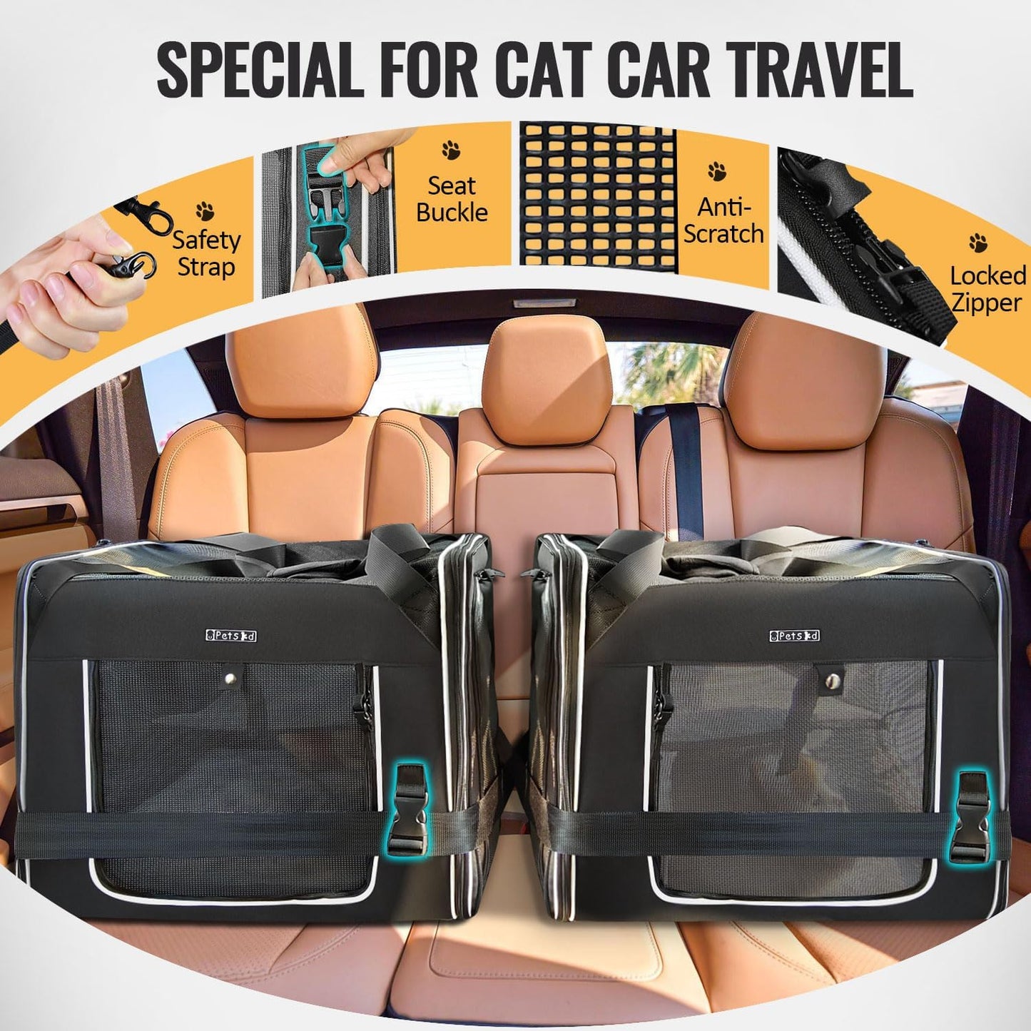Petskd Portable Double Cat Carrier with Litter Box for Multiple Cats 2in1 Car Travel Carriers 36x17x17in Dual Large Cat Carrier with Safety Locking Zippers for Long Distance Travel