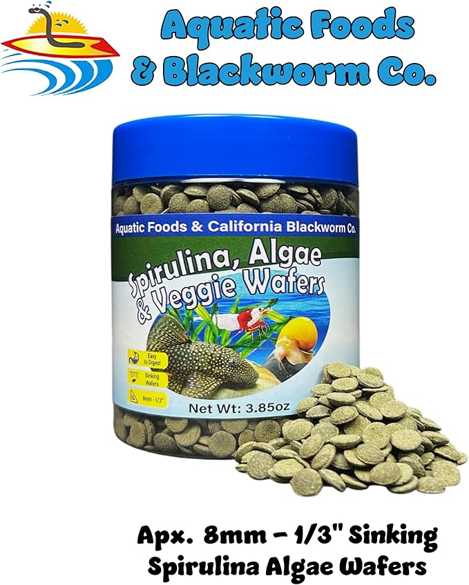 Aquatic Foods Inc. 8mm - 1/3" Small Sinking Wafers of Spirulina, Algae for Bottom Fish, Plecos, Catfish, Shrimp, Snails, Crabs & Tropicals. 4-Type Wafer & 12-Type Pellet Mix Included..5oz Canister