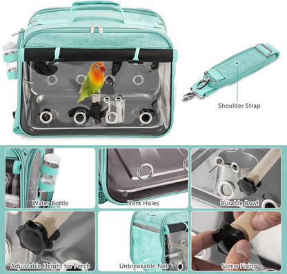 Sanmoncare Airline Approved Bird Carrier, Indestructible Stainless Steel Mesh Parrot Travel Cage, Cockatiels Travel Carrier Lightweight and Portable with Water Bottle and Bowl