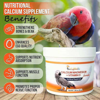 UnRuffledRx™ Bird Calcium Plus with Magnesium and D3, Dissolves Clear and Tasteless in Water, Supports Bone, Muscle, Feather and Egg Health, 45 Servings, Made in FDA-Registered USA Facility