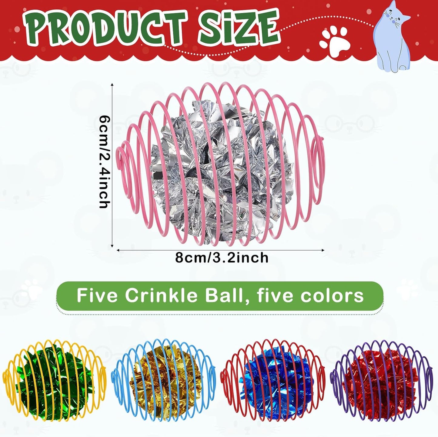 Jecery 5 Pcs Halloween Cat Spring Balls Toys Stretchable Rolling Balls Colorful Playful Coils Interactive Spring Action Toy Caged Rats for Kitten Cat Pet Supplies(Crinkle Ball,Multicolor,5 Pcs)