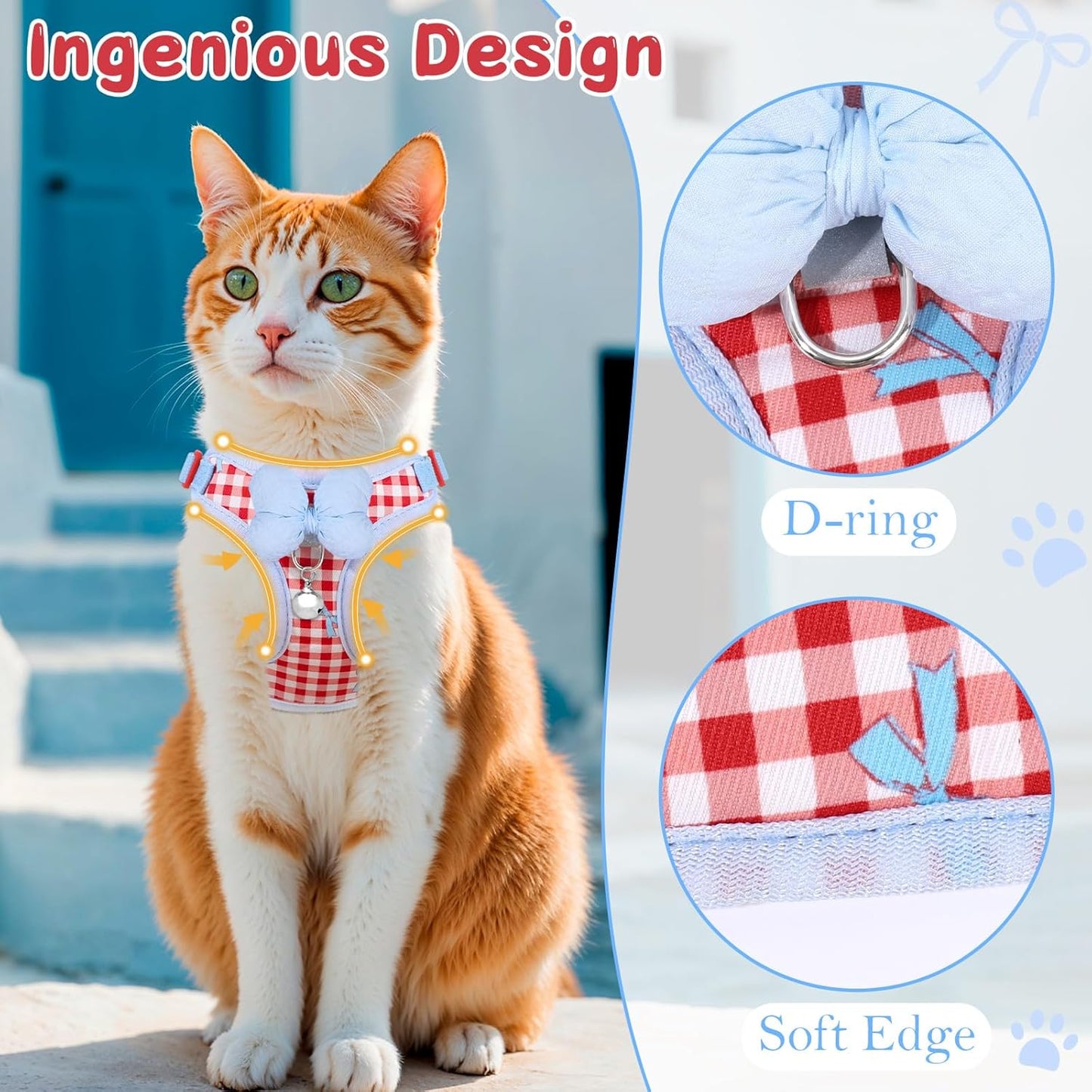 Cat Vest Harness and Leash Set for Walking Escape Proof, Adjustable Kitten Harness and Leash Set Breathable Mesh with Bow Harness for Kitty Puppy Bunny(Red Medium)