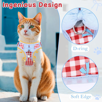 Cat Vest Harness and Leash Set for Walking Escape Proof, Adjustable Kitten Harness and Leash Set Breathable Mesh with Bow Harness for Kitty Puppy Bunny(Red Medium)