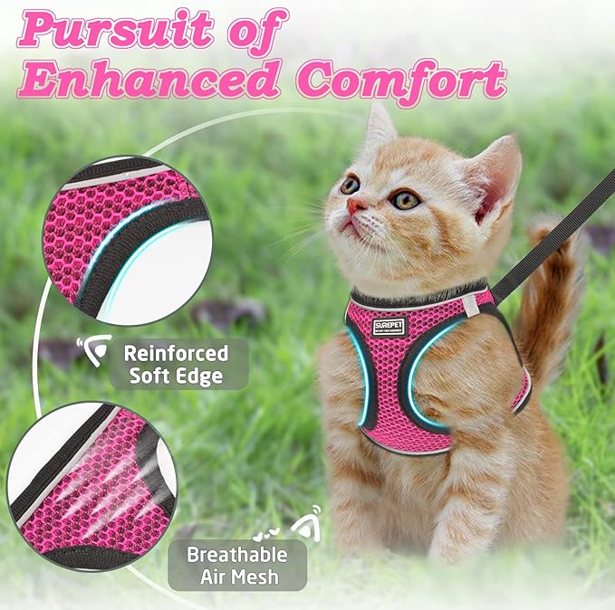 Cat Harness and Leash for Walking Escape Proof, Adjustable Kitten Vest Harness Reflective Soft Mesh Puppy Harness for Outdoor, Comfort Fit, Easy to Control (Pink, M)