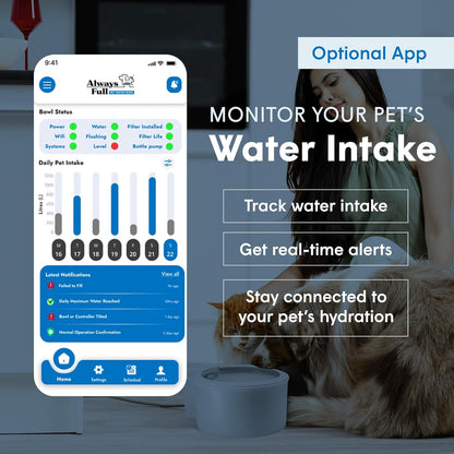 Always Full® 7" Pet Water Bowl and Bottle Pump Bundle, Self-Refilling, Clean Filtered Water, App-Enabled Hydration Monitoring, Easy Upgrade to Wall Unit, Cat and Dog Water Bowls