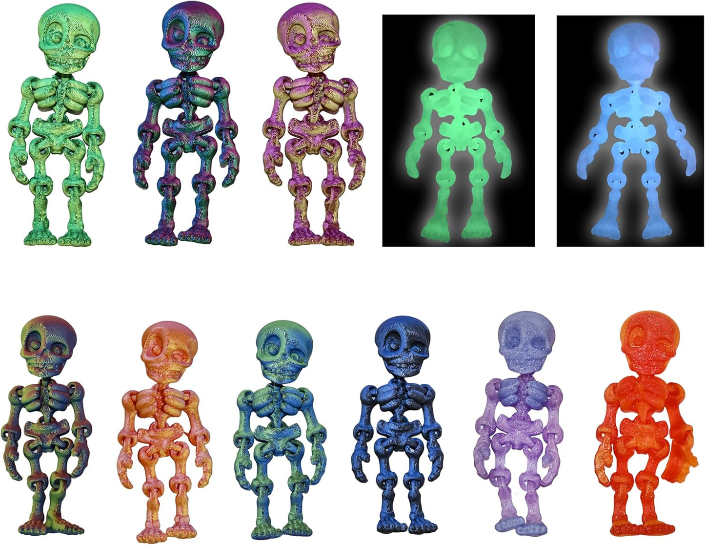 14 pcs 3D Printed Skeleton Figurines, Colorful 3.15 Inch Halloween Decorations, Fun Spooky Skull Toys for Desk, Party, or Shelf Display