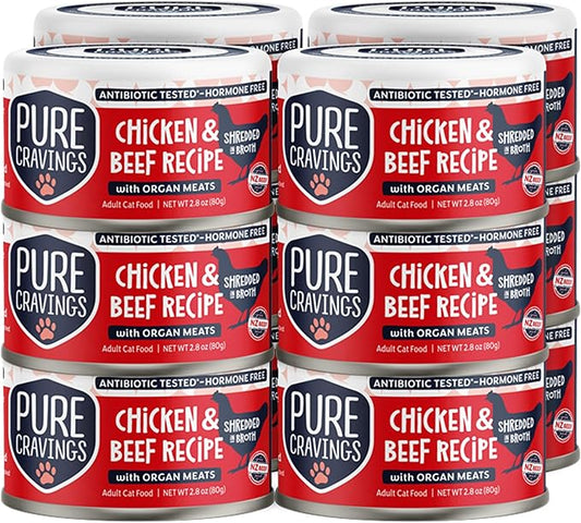 Pure Cravings Chicken and Beef Recipe in Broth, Shredded Wet Cat Food, Grain-Free Protein, Non-GMO, 12 Pack