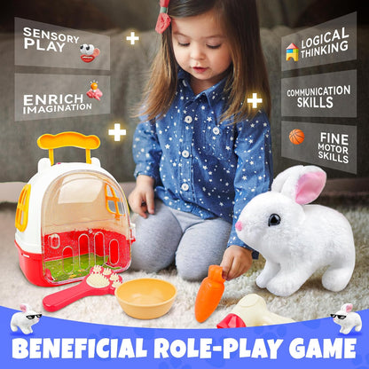 SMILESSKIDDO Jumping Rabbit Toys for Girls - Electronic Hopping Bunny with Wiggle Ears & Nose, Storage Cage and Accessories, Interactive Pet Gifts for Toddlers 1 2 3 4 5 6 Year Old