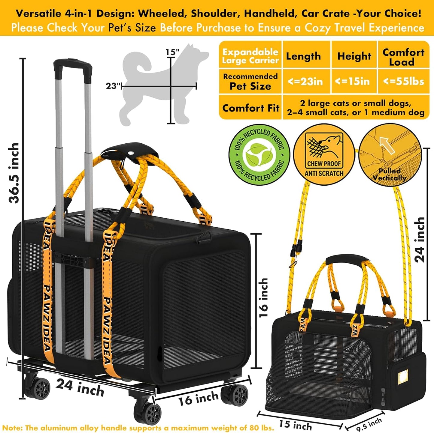 PAWZIDEA Expandable Large Pet Carrier with Wheels, 24x16x16 in Rolling Cat Carrier for 2–4 Cats up 55lb, Soft-Sided Collapsible Small Medium Dog Crate for Car Travel, Telescopic Handle, Storage Pocket
