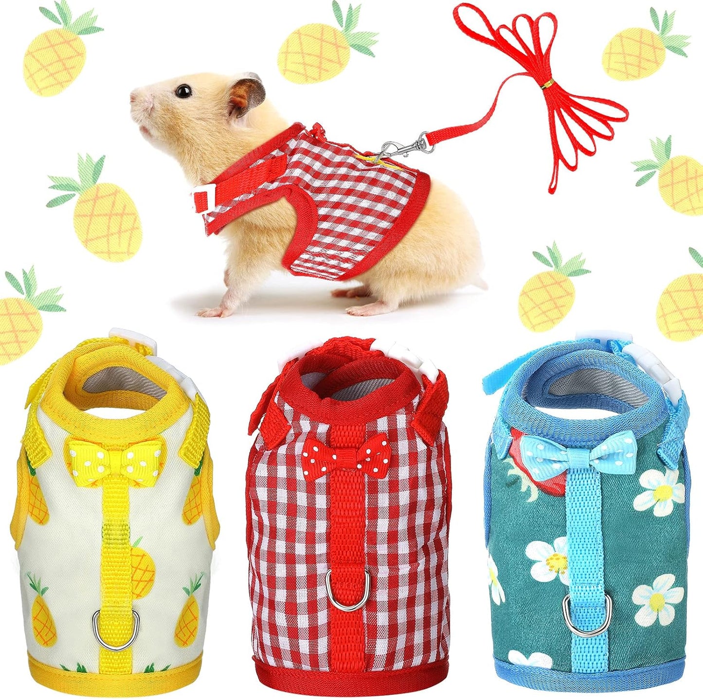 Weewooday 3 Pieces Guinea Pig Harness with Leash Small Pet Harness Fruit Plaid Pattern Adjustable Padded Walking Vest for Pet Hamster Squirrel Animals(Pineapple, Red Plaid, Strawberry,Small)