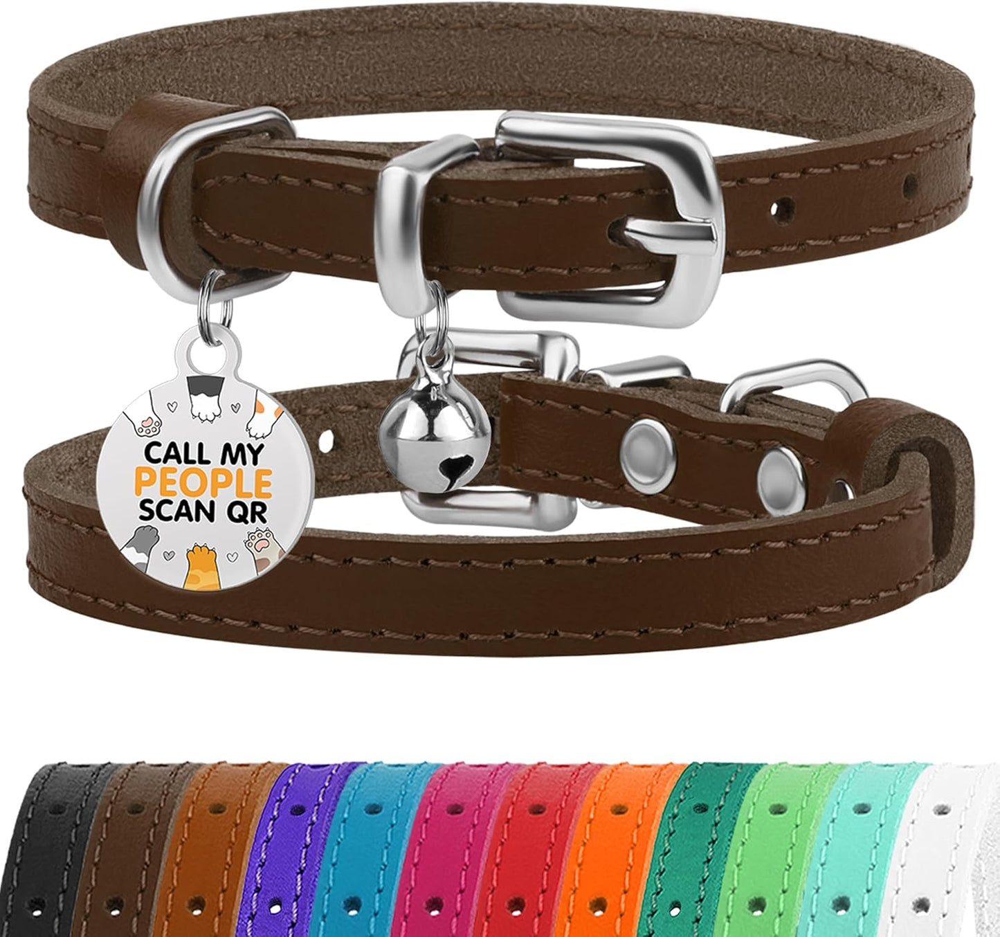 BRONZEDOG Leather Cat Collar with Removable Bells Non Breakaway Kitten QR Tag for Girl Boy (9" - 12" Cats/Mini Dogs, Brown & Silver)