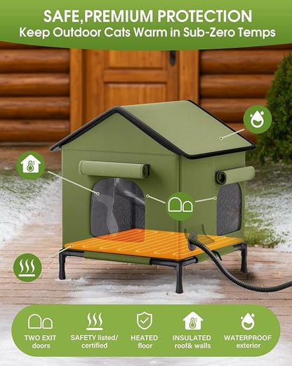 Heated Outdoor Cat House for Outsid-Wide Winter Shelter for Ferals - Cat House for Outdoor Cats, Heated House for Outside Weatherproof Insulated Protection 22.5 x 17 x 17