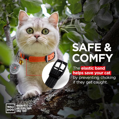 Leather Cat Collar with Bell and Safety Elastic Strap Breakaway Alternative for Small & Large Kittens, Stylish Pet Leather Collar for Boy, Girl Cats with Metal Buckle & QR ID Tag (Orange)