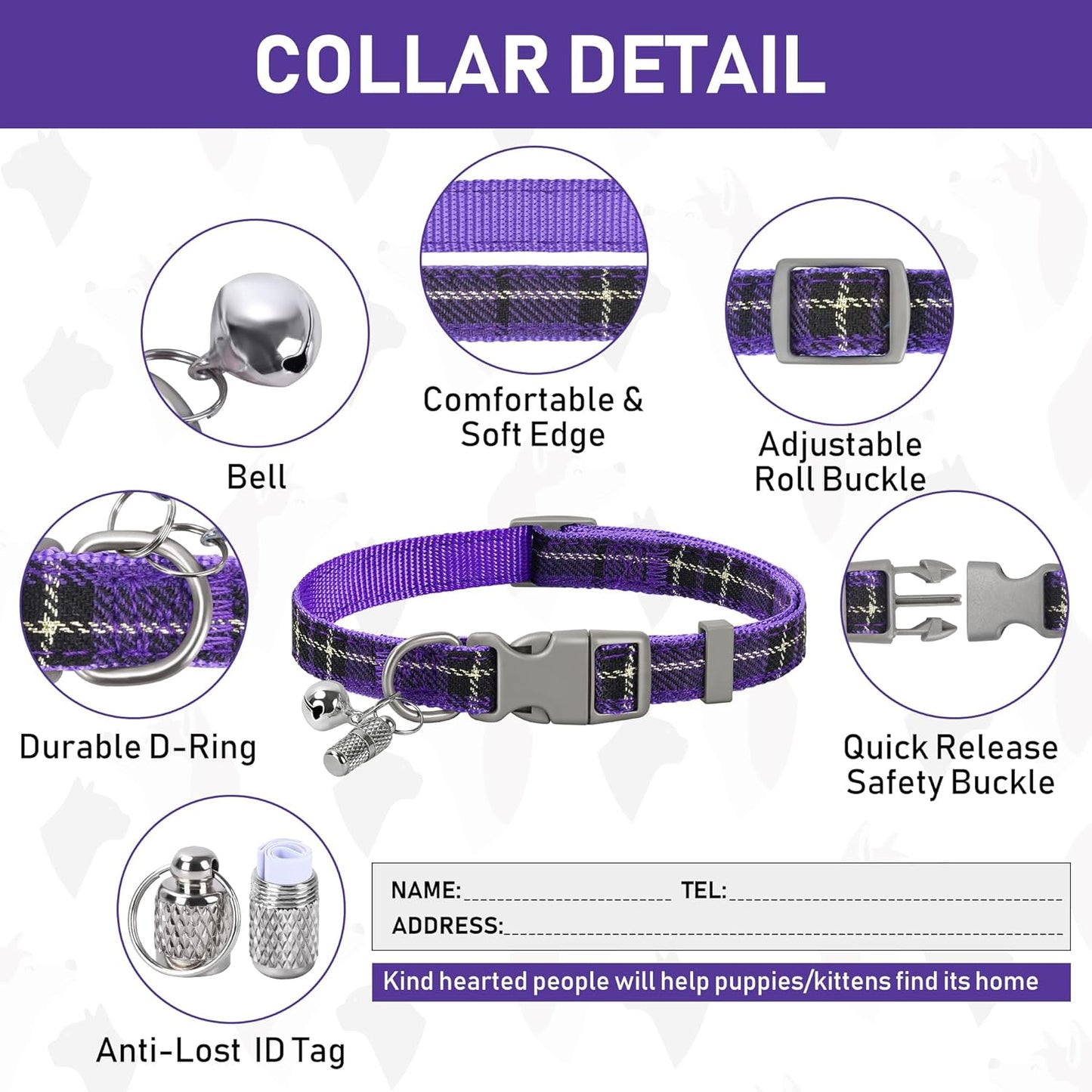 GAMUDA Small Dog Harness Collar and Leash Set, Step in No Chock No Pull Soft Mesh Adjustable Dog Vest Harnesses Plaid Reflective for Dogs Puppy Cats Kitten Rabbit (Warm Purple, XL)