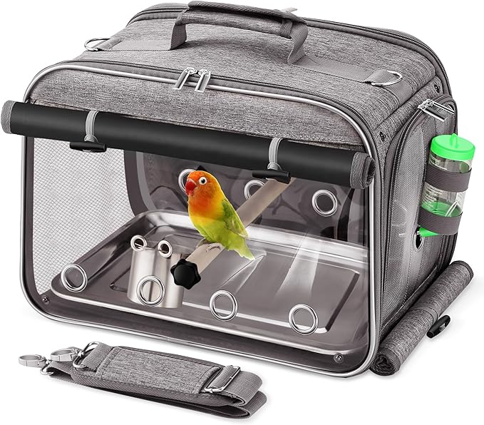 Suertree Bird Carrier Airline Approved, Bird Travel Cage with Indestructible Stainless Steel Mesh, Bird Travel Bag Lightweight and Portable with Water Bottle and Bowl