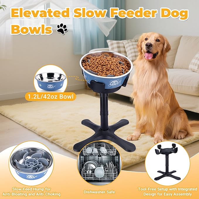 Elevated Slow Feeder Dog Bowl Adjustable Stand,Tilted ABS Base,Fits 5.5-9.5" Bowls, Anti-Spill & Non-Slip, Heavy Duty for Med/Large Dogs(with Stainless Steel Bowls 2 Pack)