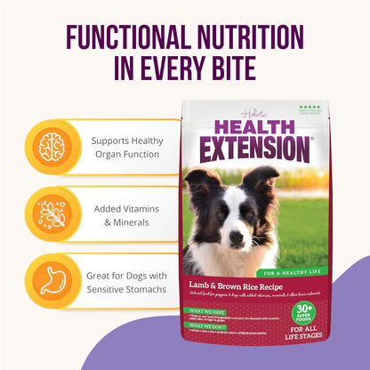 Health Extension Lamb & Brown Rice Dry Dog Food, Protein Packed Formula with Probiotics & Superfoods for Digestion & Coat Health (15lb)