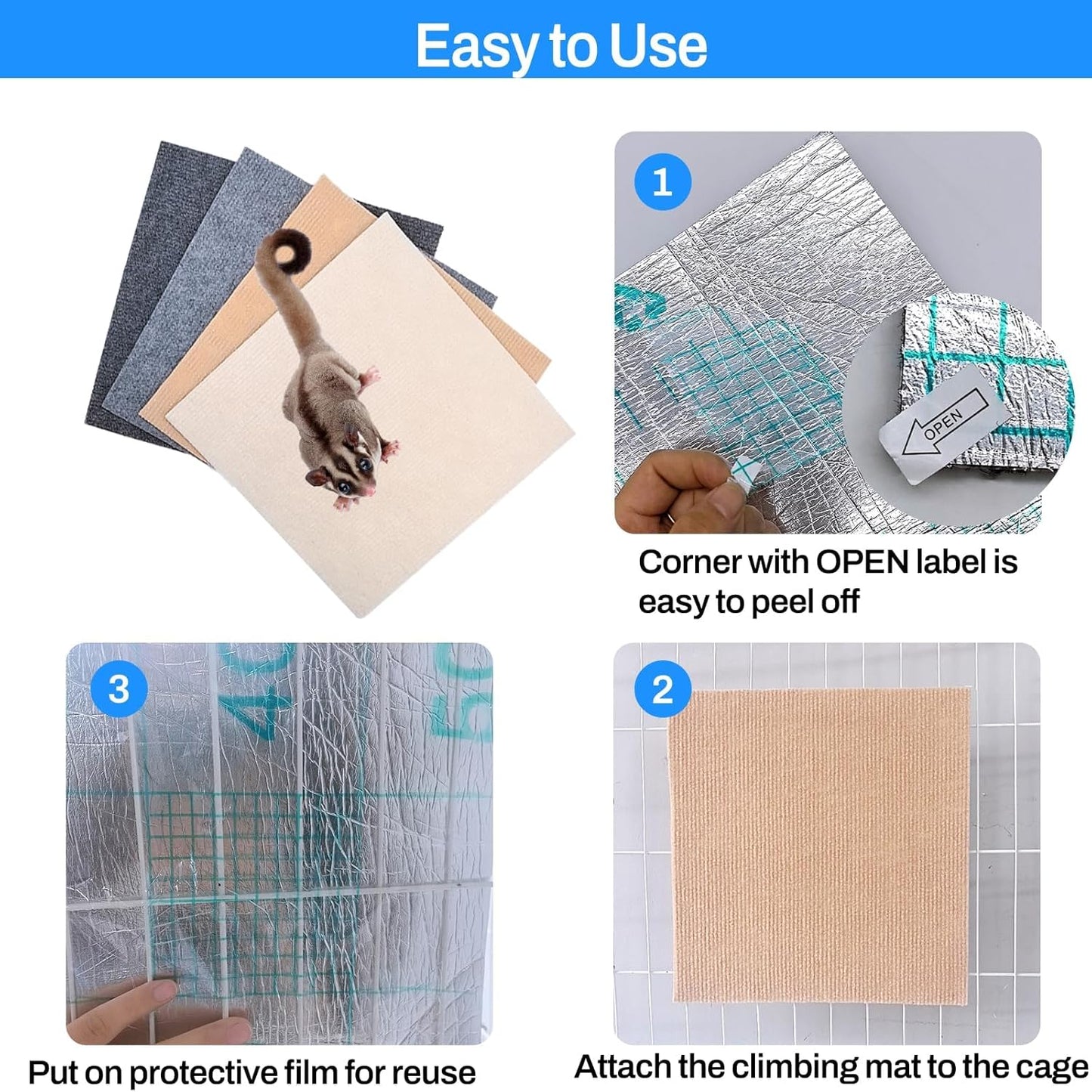 Sugar Glider Toys,6 Pcs Sugar Glider Climbing Mats,Sugar Glider Sharpening Claws Mats with Climbing Ropes Cage Accessories,Cuttable Self-Adhesive Small Animals Pets Scratching Pads Enrichment Toys for